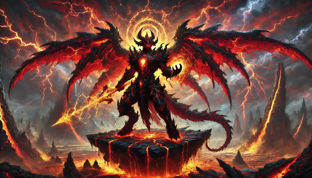 An imposing humanoid dragon-like being known as the Lord Dragon of the Tempest stands on a broken obsidian platform floating above a volcanic wastela